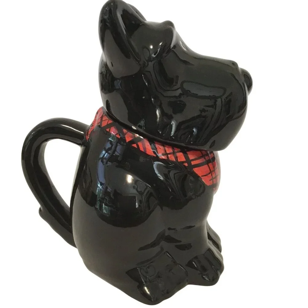 VTG MISR Japan Scottie Dog Cookie Jar Black Ceramic Red Plaid Scarf Treat Jar